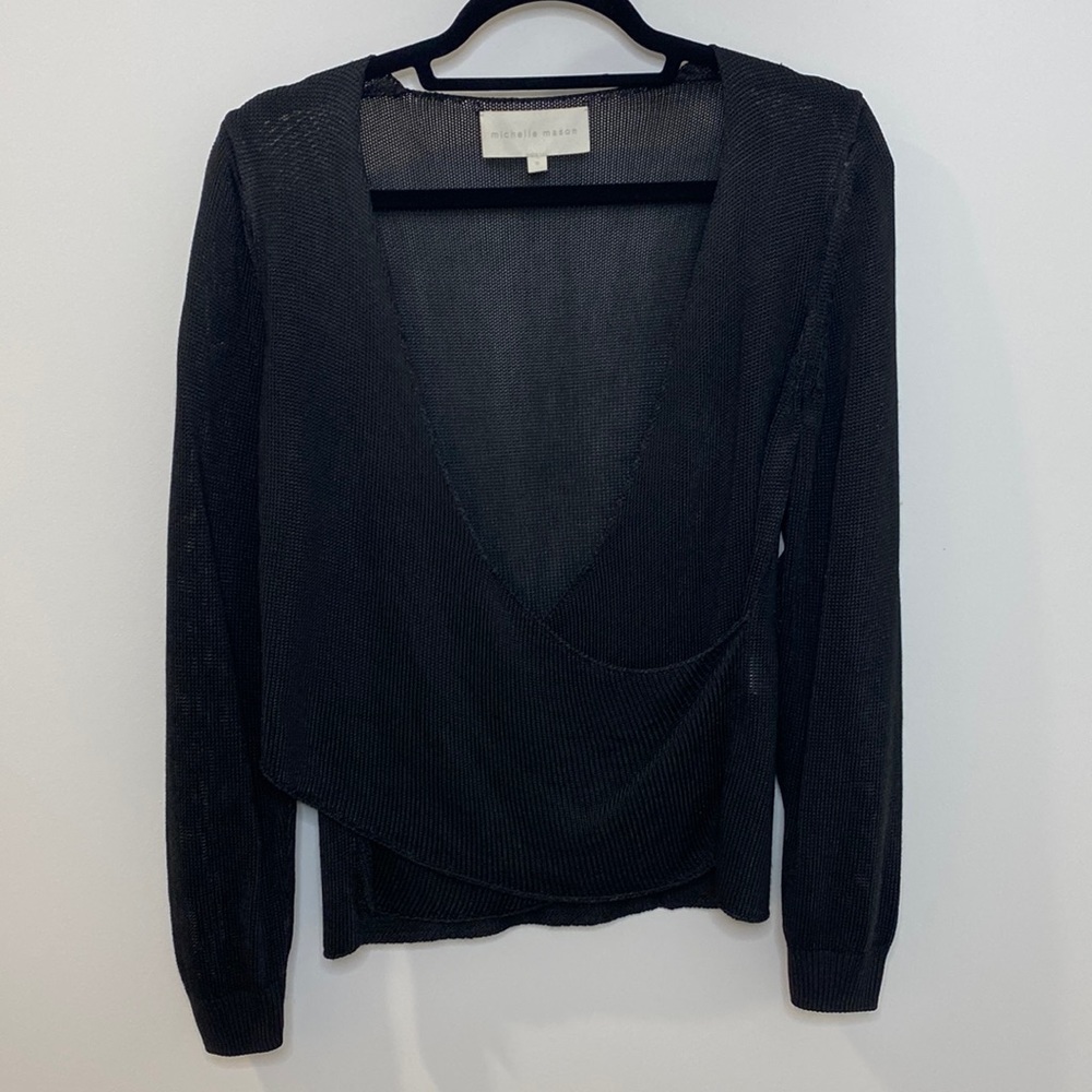 Michelle Mason Viscose Net Front Wrap Black Long Sleeve Sweater